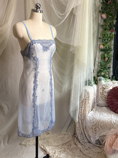 Vintage 1950's - 1960's Slip - Very Sheer Ash Blue Tulle with Floral Lace Appliqués by Henson Kickernick | S, M
