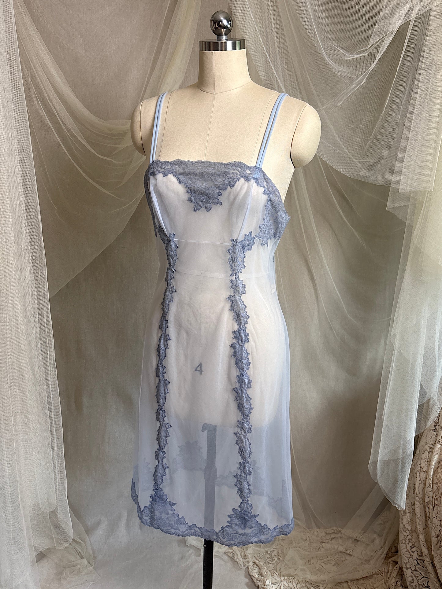 Vintage 1950's - 1960's Slip - Very Sheer Ash Blue Tulle with Floral Lace Appliqués by Henson Kickernick | S, M