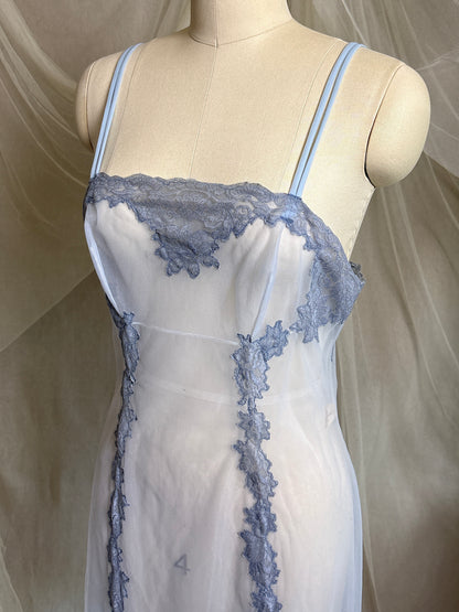 Vintage 1950's - 1960's Slip - Very Sheer Ash Blue Tulle with Floral Lace Appliqués by Henson Kickernick | S, M