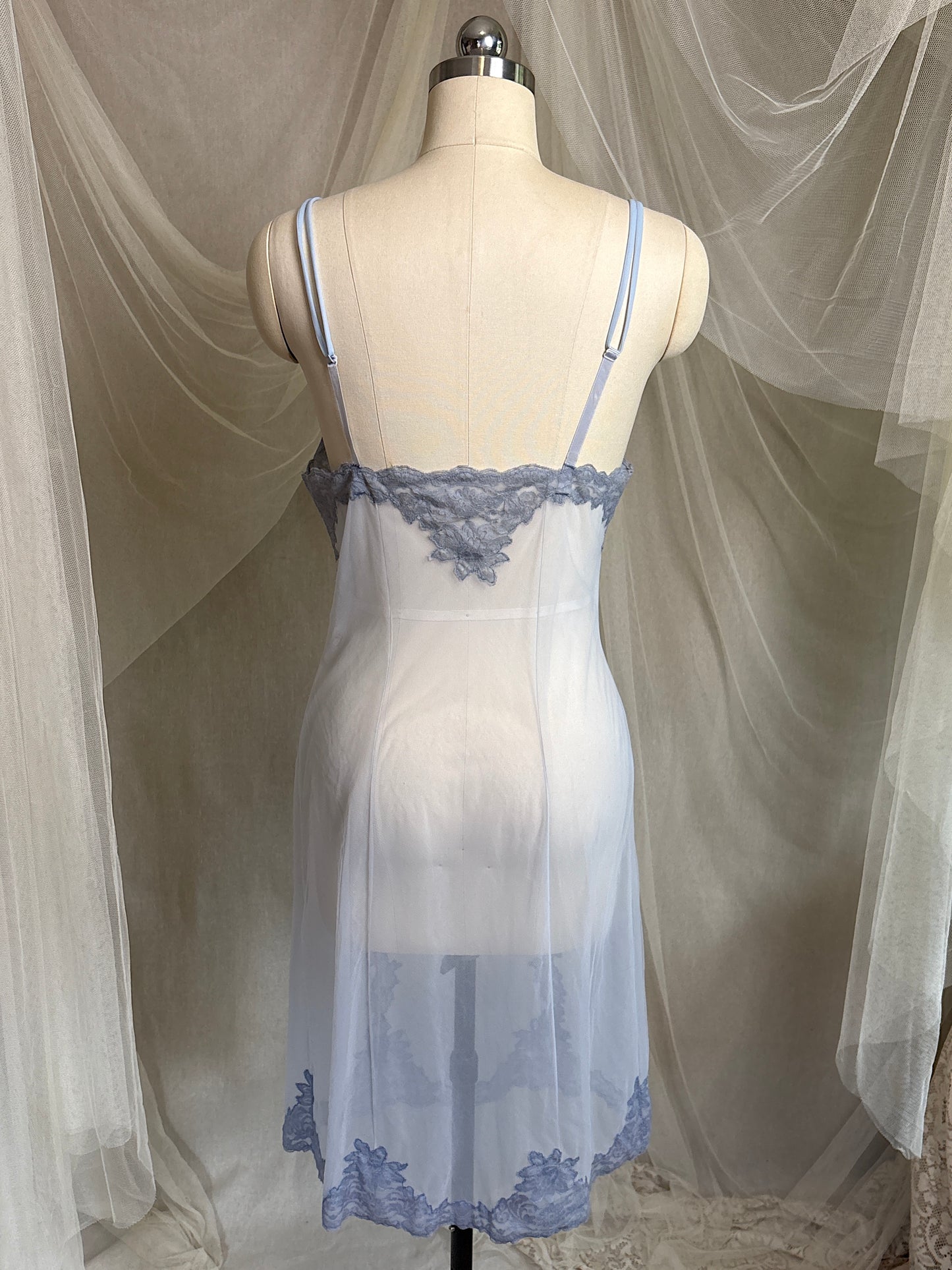 Vintage 1950's - 1960's Slip - Very Sheer Ash Blue Tulle with Floral Lace Appliqués by Henson Kickernick | S, M