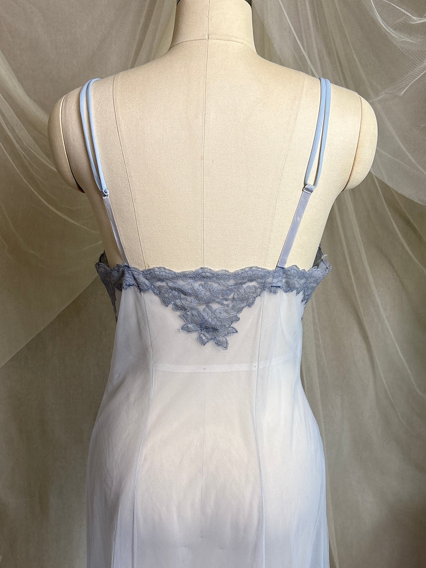 Vintage 1950's - 1960's Slip - Very Sheer Ash Blue Tulle with Floral Lace Appliqués by Henson Kickernick | S, M