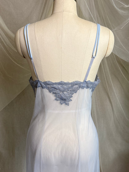 Vintage 1950's - 1960's Slip - Very Sheer Ash Blue Tulle with Floral Lace Appliqués by Henson Kickernick | S, M