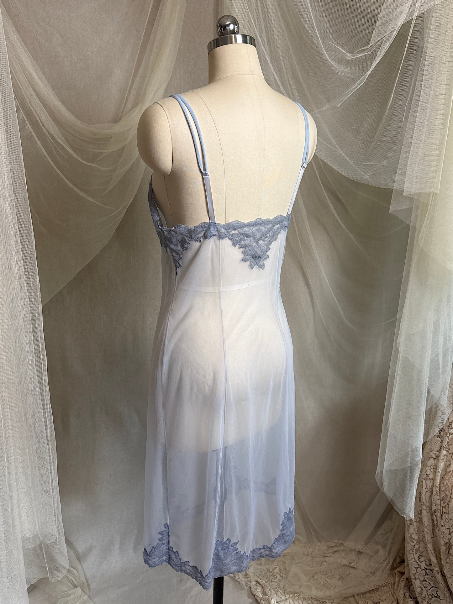 Vintage 1950's - 1960's Slip - Very Sheer Ash Blue Tulle with Floral Lace Appliqués by Henson Kickernick | S, M