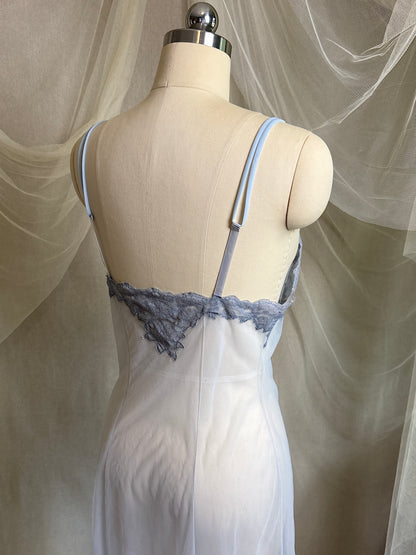 Vintage 1950's - 1960's Slip - Very Sheer Ash Blue Tulle with Floral Lace Appliqués by Henson Kickernick | S, M