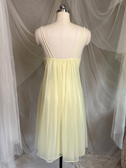 Vintage 1960's Babydoll Nightgown - Light Primrose Yellow Nylon Chiffon with Lace by Vanity Fair | S, M