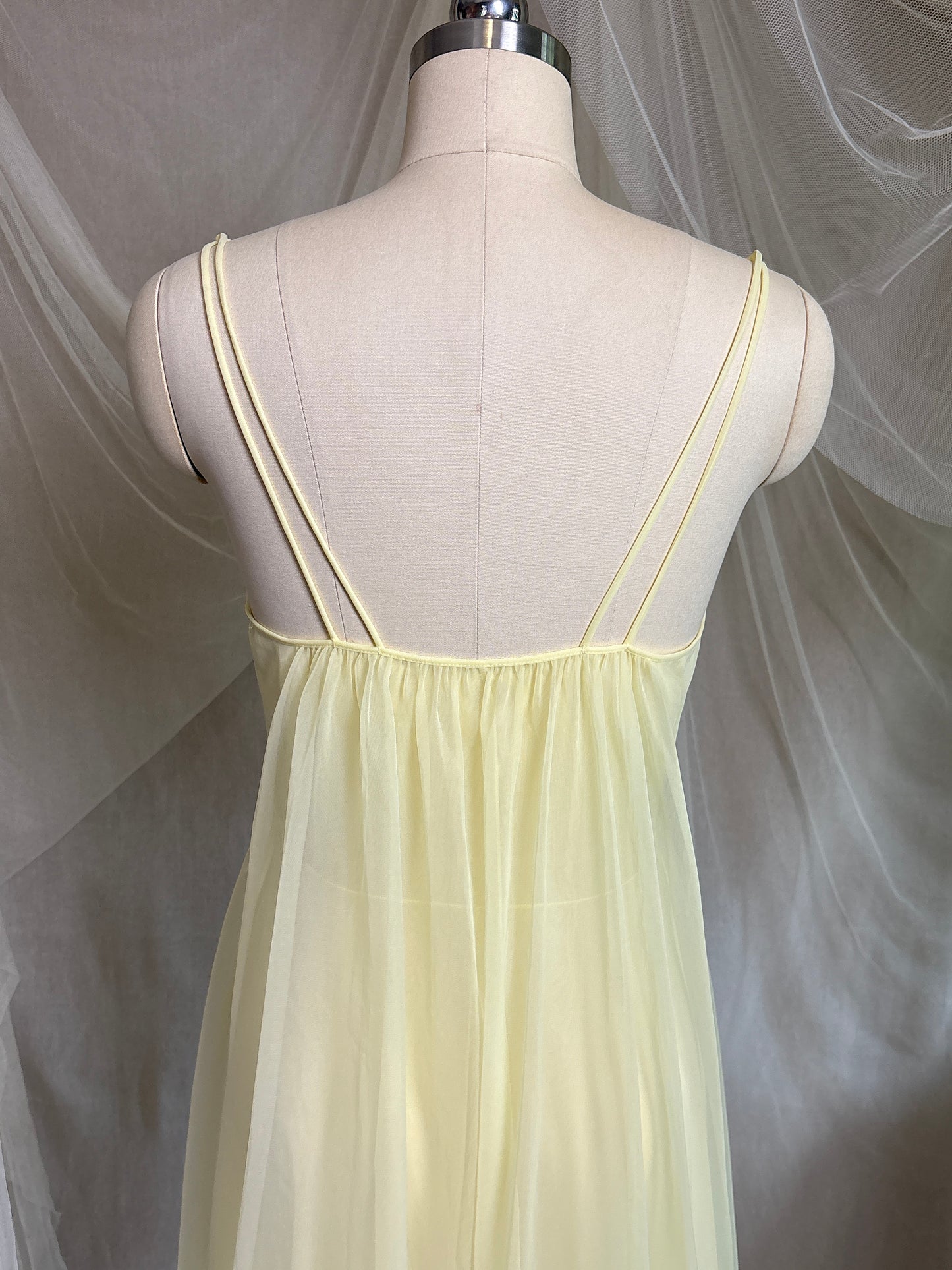 Vintage 1960's Babydoll Nightgown - Light Primrose Yellow Nylon Chiffon with Lace by Vanity Fair | S, M