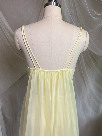 Vintage 1960's Babydoll Nightgown - Light Primrose Yellow Nylon Chiffon with Lace by Vanity Fair | S, M