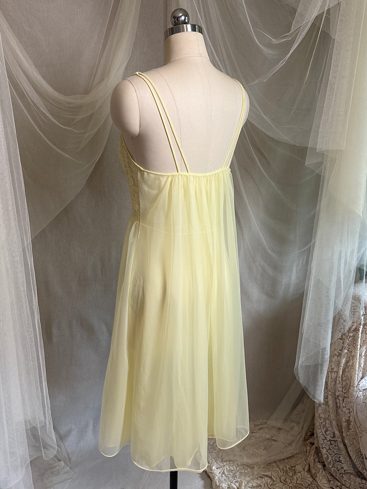 Vintage 1960's Babydoll Nightgown - Light Primrose Yellow Nylon Chiffon with Lace by Vanity Fair | S, M