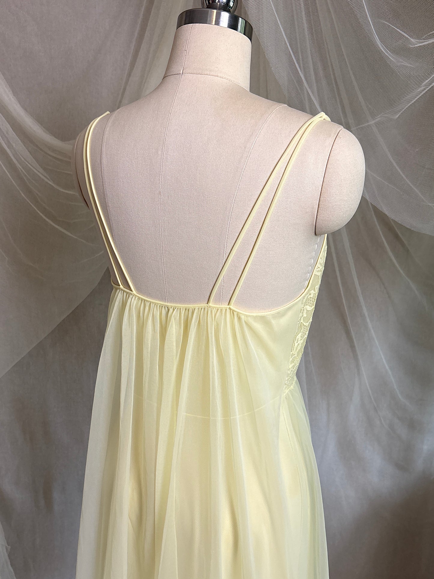Vintage 1960's Babydoll Nightgown - Light Primrose Yellow Nylon Chiffon with Lace by Vanity Fair | S, M