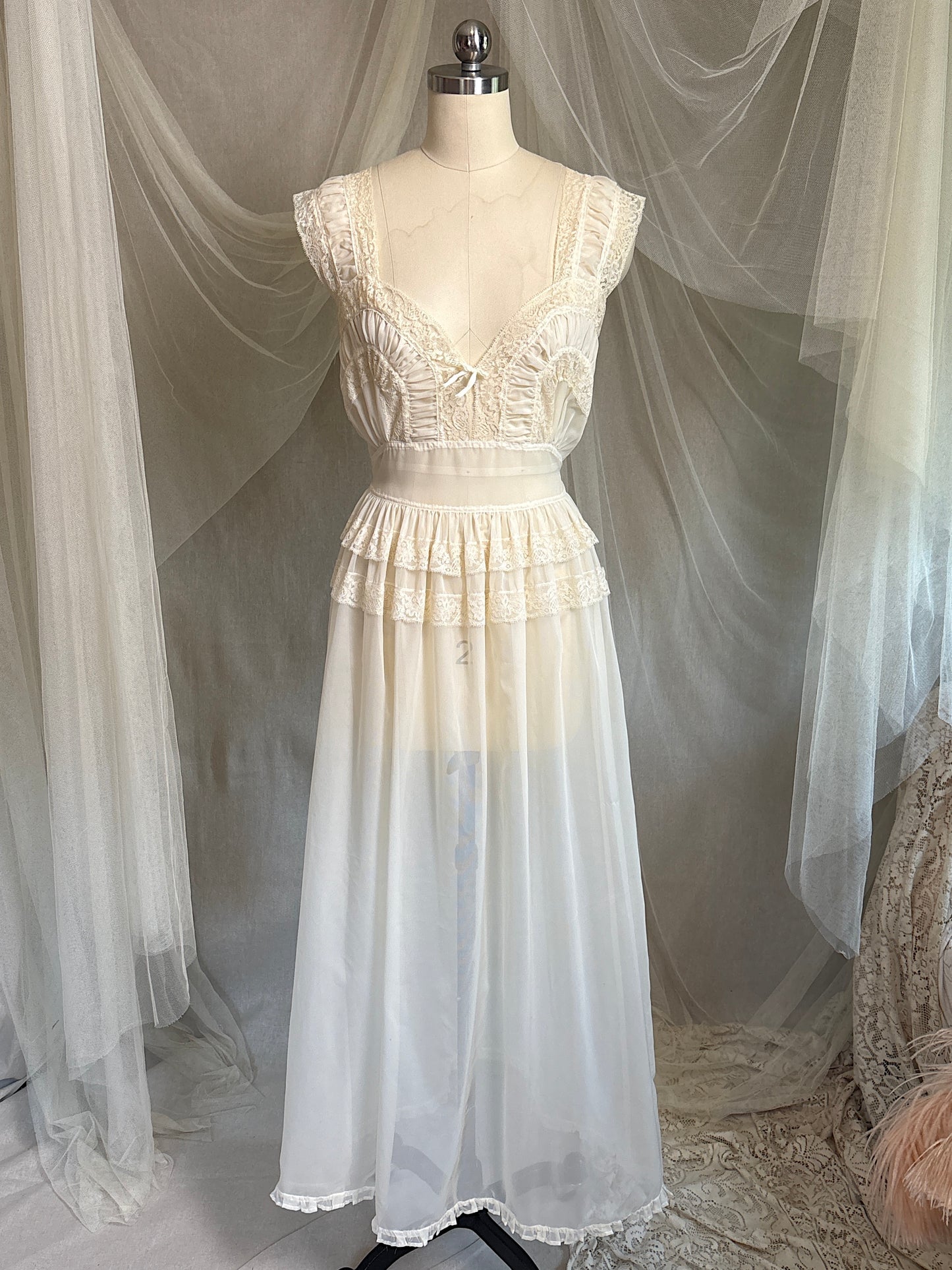 Vintage 1940's - 1950's Nightgown - Sheer Cream Nylon Chiffon with Pinstripe Detail & Ruffled Lace by Patolaine | S, S-M