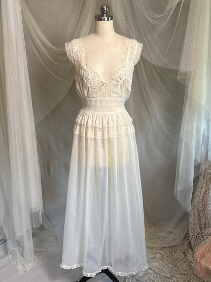Vintage 1940's - 1950's Nightgown - Sheer Cream Nylon Chiffon with Pinstripe Detail & Ruffled Lace by Patolaine | S, S-M