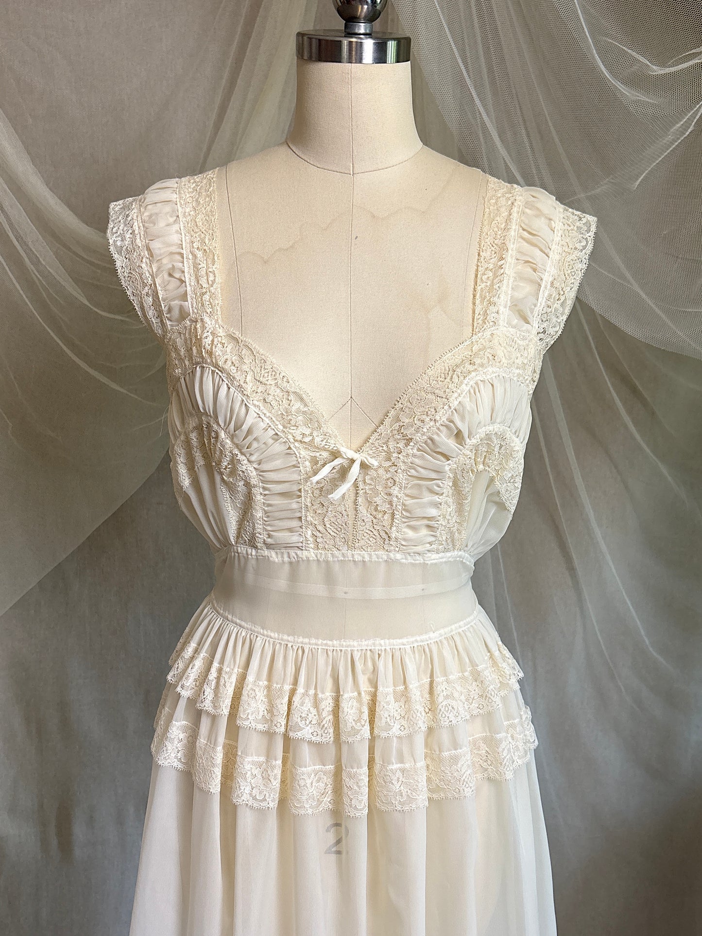 Vintage 1940's - 1950's Nightgown - Sheer Cream Nylon Chiffon with Pinstripe Detail & Ruffled Lace by Patolaine | S, S-M