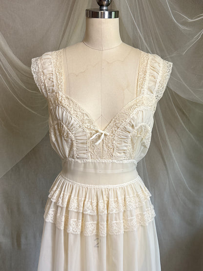 Vintage 1940's - 1950's Nightgown - Sheer Cream Nylon Chiffon with Pinstripe Detail & Ruffled Lace by Patolaine | S, S-M