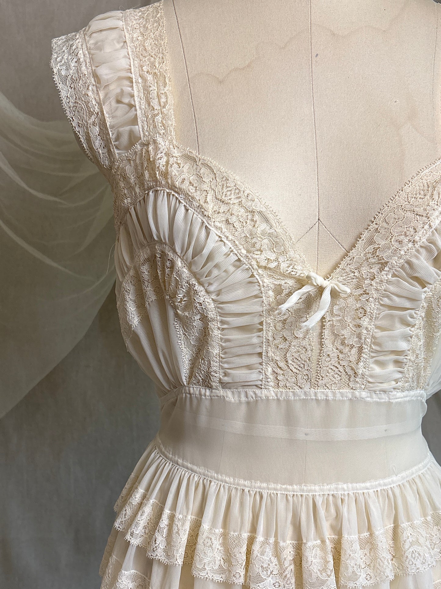 Vintage 1940's - 1950's Nightgown - Sheer Cream Nylon Chiffon with Pinstripe Detail & Ruffled Lace by Patolaine | S, S-M