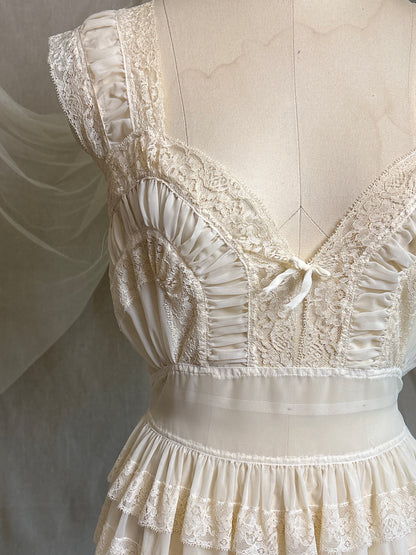Vintage 1940's - 1950's Nightgown - Sheer Cream Nylon Chiffon with Pinstripe Detail & Ruffled Lace by Patolaine | S, S-M