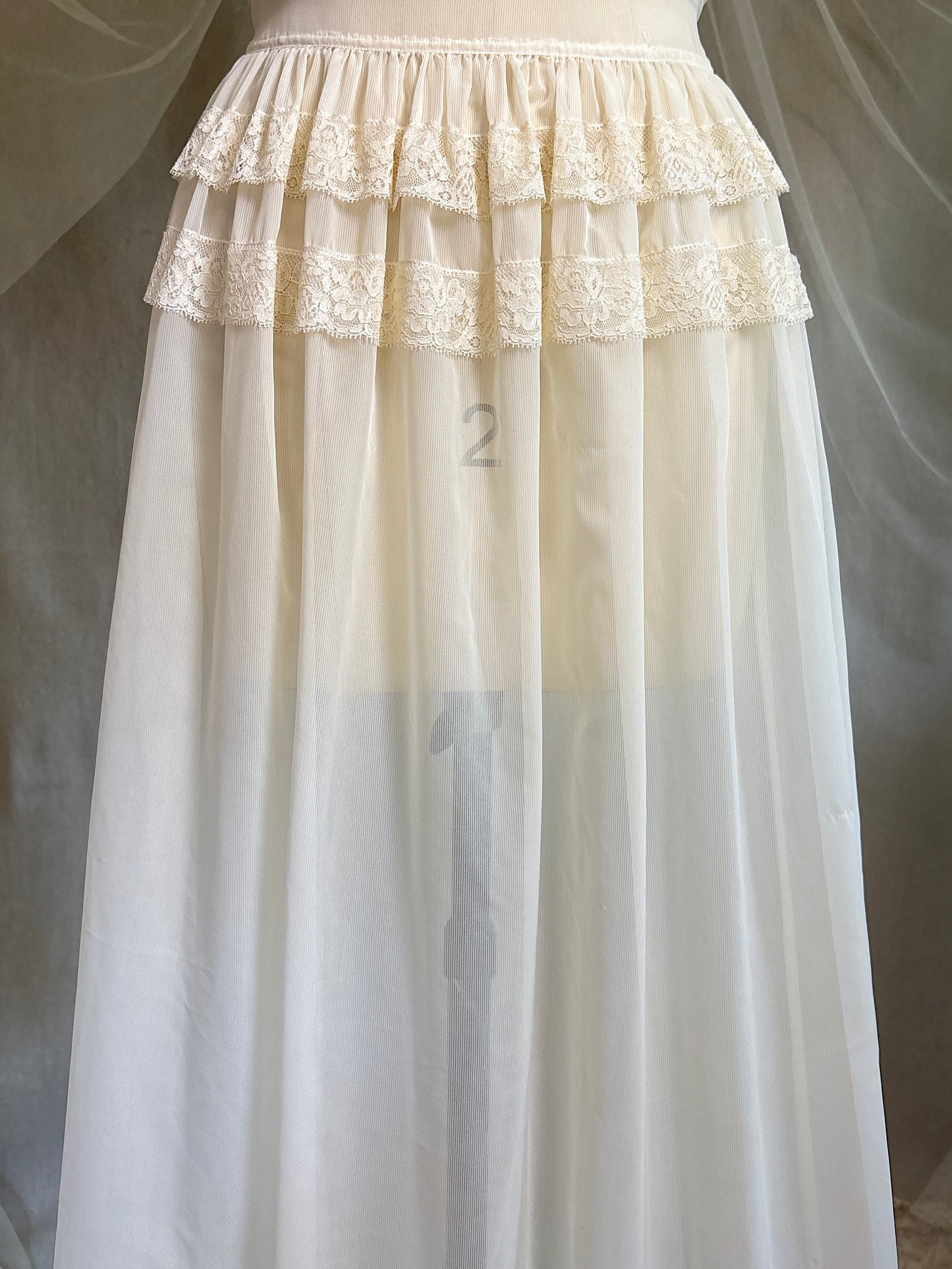 Vintage 1940's - 1950's Nightgown - Sheer Cream Nylon Chiffon with Pinstripe Detail & Ruffled Lace by Patolaine | S, S-M