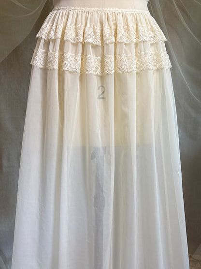 Vintage 1940's - 1950's Nightgown - Sheer Cream Nylon Chiffon with Pinstripe Detail & Ruffled Lace by Patolaine | S, S-M