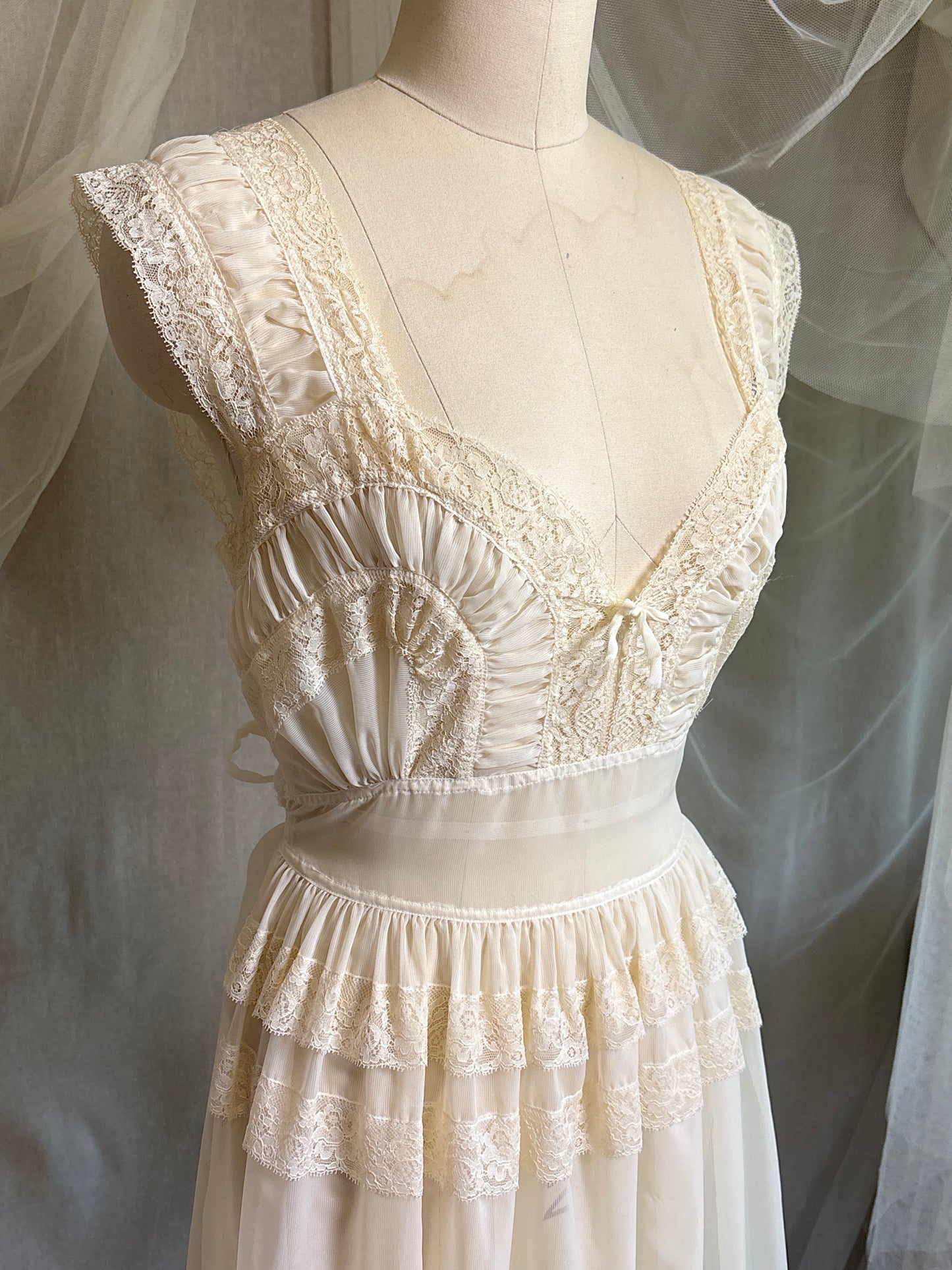 Vintage 1940's - 1950's Nightgown - Sheer Cream Nylon Chiffon with Pinstripe Detail & Ruffled Lace by Patolaine | S, S-M