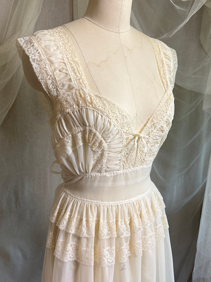Vintage 1940's - 1950's Nightgown - Sheer Cream Nylon Chiffon with Pinstripe Detail & Ruffled Lace by Patolaine | S, S-M