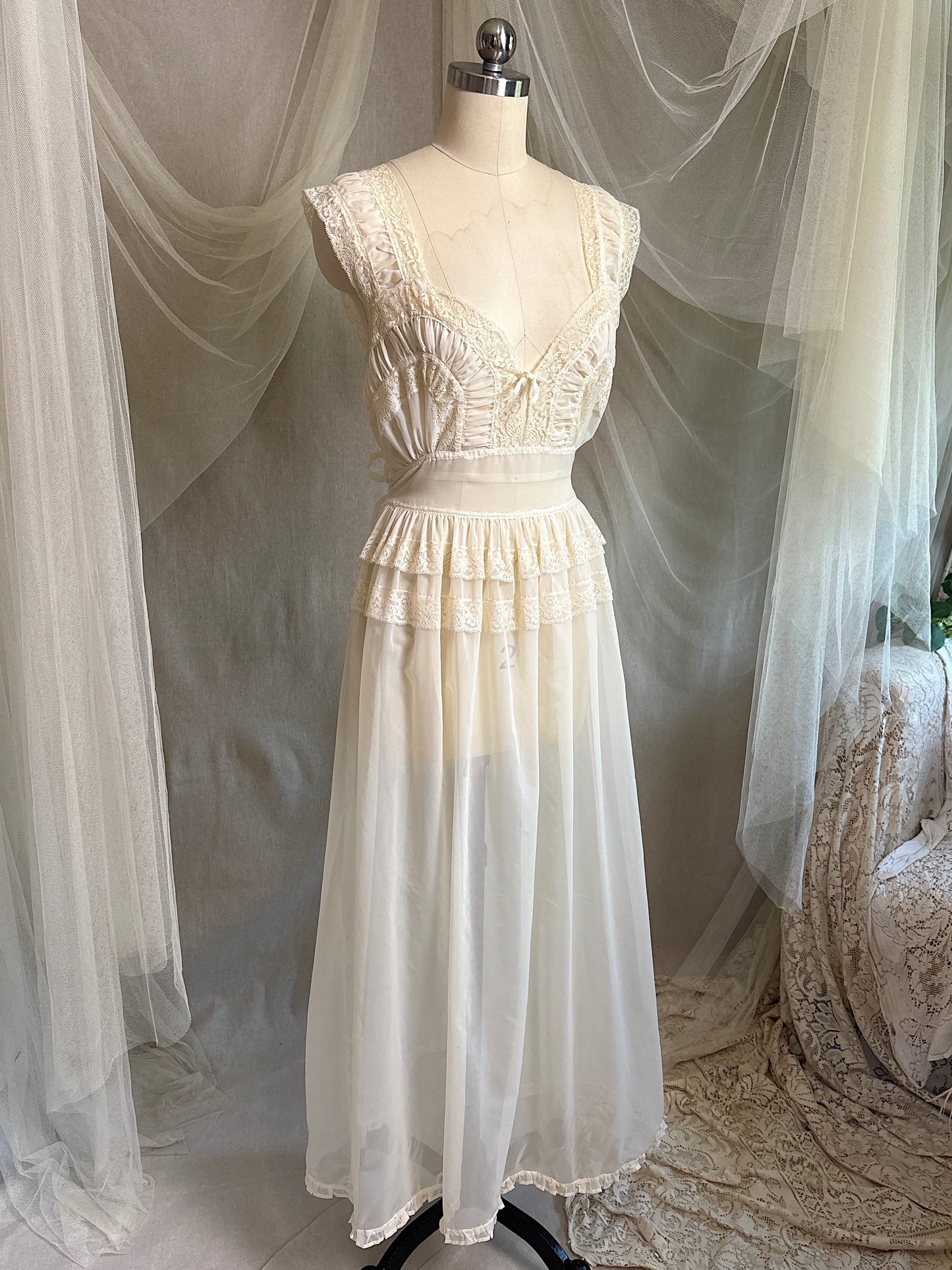 Vintage 1940's - 1950's Nightgown - Sheer Cream Nylon Chiffon with Pinstripe Detail & Ruffled Lace by Patolaine | S, S-M