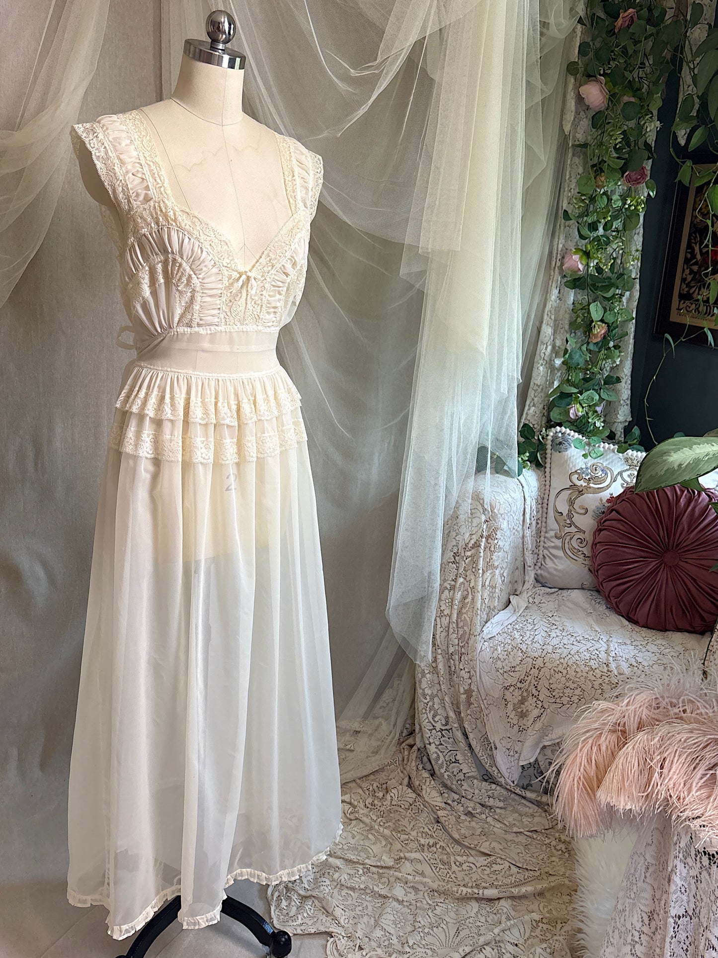 Vintage 1940's - 1950's Nightgown - Sheer Cream Nylon Chiffon with Pinstripe Detail & Ruffled Lace by Patolaine | S, S-M