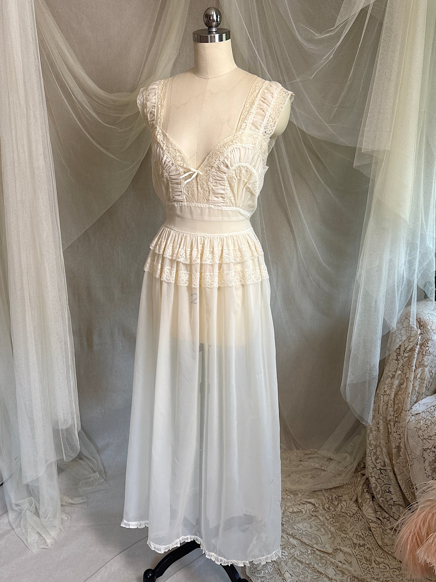 Vintage 1940's - 1950's Nightgown - Sheer Cream Nylon Chiffon with Pinstripe Detail & Ruffled Lace by Patolaine | S, S-M