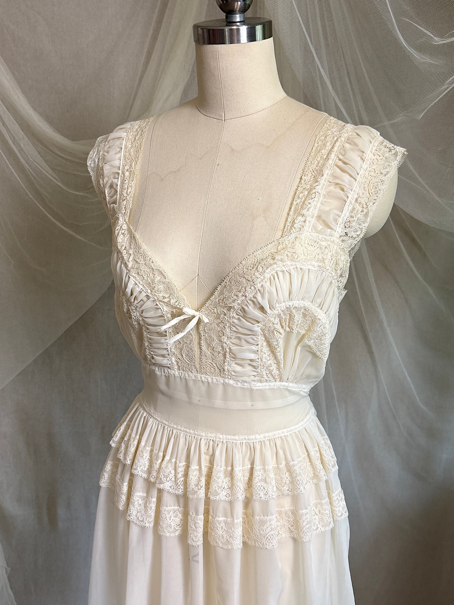 Vintage 1940's - 1950's Nightgown - Sheer Cream Nylon Chiffon with Pinstripe Detail & Ruffled Lace by Patolaine | S, S-M