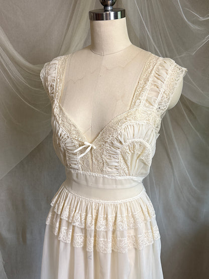 Vintage 1940's - 1950's Nightgown - Sheer Cream Nylon Chiffon with Pinstripe Detail & Ruffled Lace by Patolaine | S, S-M