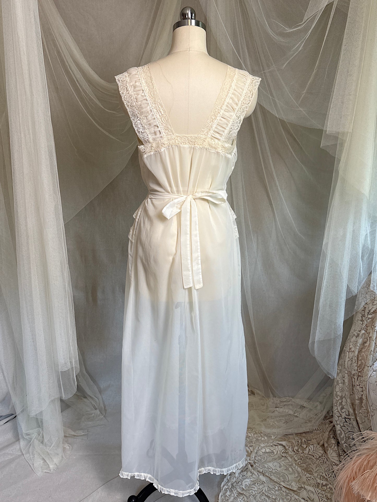Vintage 1940's - 1950's Nightgown - Sheer Cream Nylon Chiffon with Pinstripe Detail & Ruffled Lace by Patolaine | S, S-M