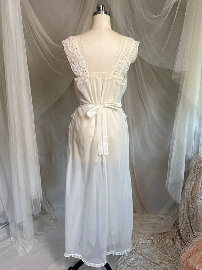 Vintage 1940's - 1950's Nightgown - Sheer Cream Nylon Chiffon with Pinstripe Detail & Ruffled Lace by Patolaine | S, S-M