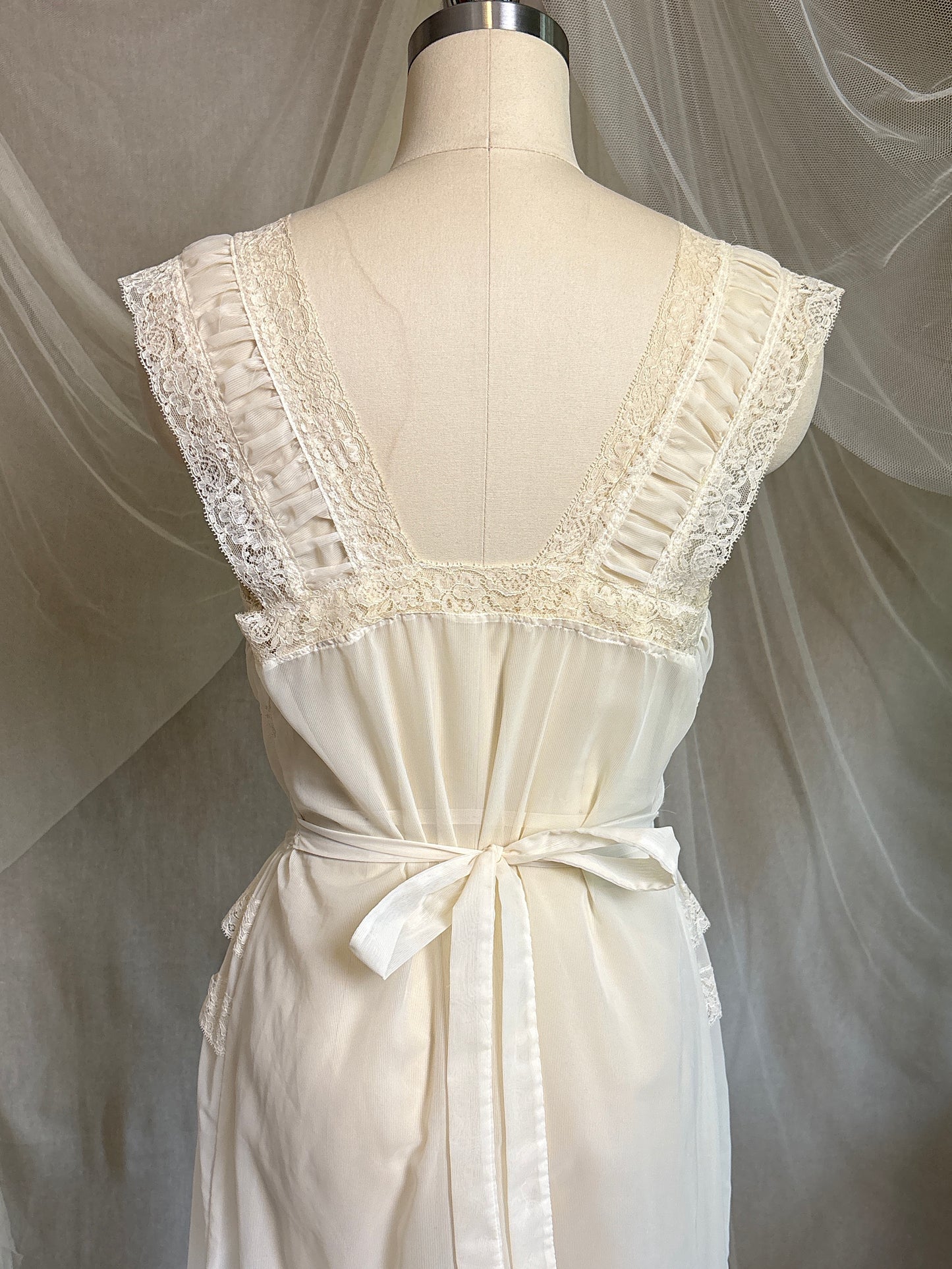 Vintage 1940's - 1950's Nightgown - Sheer Cream Nylon Chiffon with Pinstripe Detail & Ruffled Lace by Patolaine | S, S-M