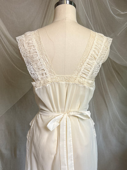Vintage 1940's - 1950's Nightgown - Sheer Cream Nylon Chiffon with Pinstripe Detail & Ruffled Lace by Patolaine | S, S-M