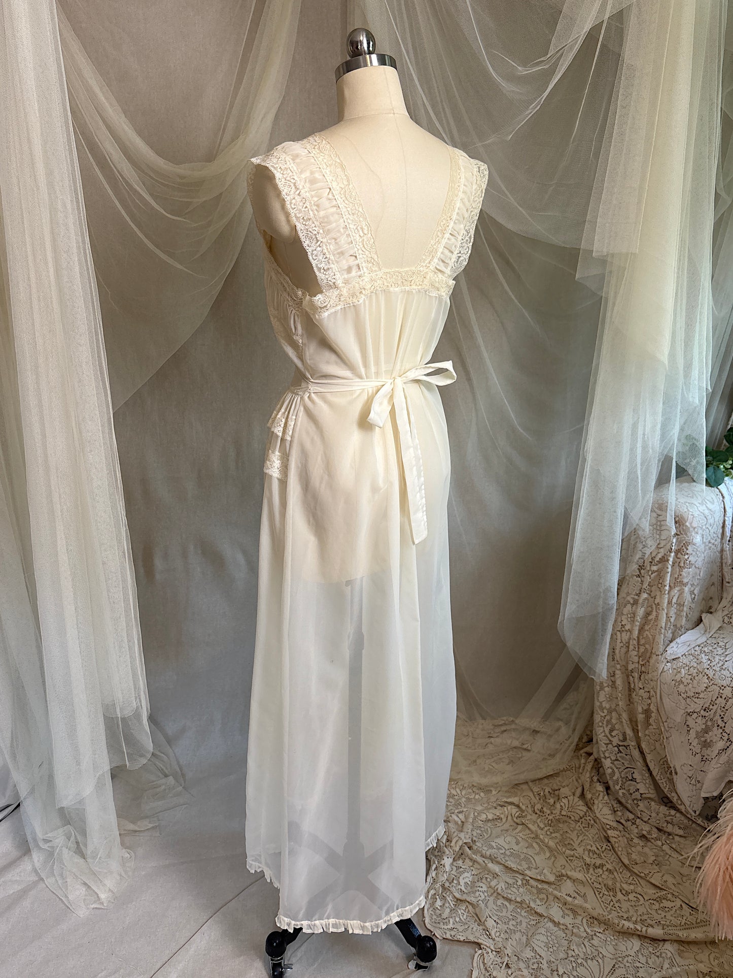 Vintage 1940's - 1950's Nightgown - Sheer Cream Nylon Chiffon with Pinstripe Detail & Ruffled Lace by Patolaine | S, S-M