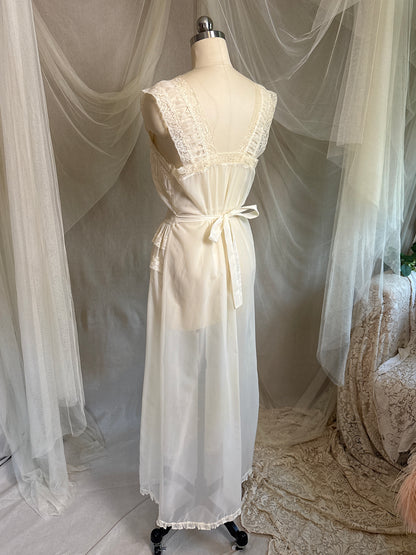 Vintage 1940's - 1950's Nightgown - Sheer Cream Nylon Chiffon with Pinstripe Detail & Ruffled Lace by Patolaine | S, S-M