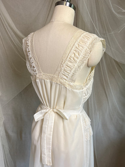 Vintage 1940's - 1950's Nightgown - Sheer Cream Nylon Chiffon with Pinstripe Detail & Ruffled Lace by Patolaine | S, S-M