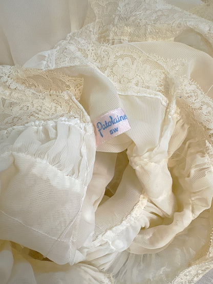 Vintage 1940's - 1950's Nightgown - Sheer Cream Nylon Chiffon with Pinstripe Detail & Ruffled Lace by Patolaine | S, S-M
