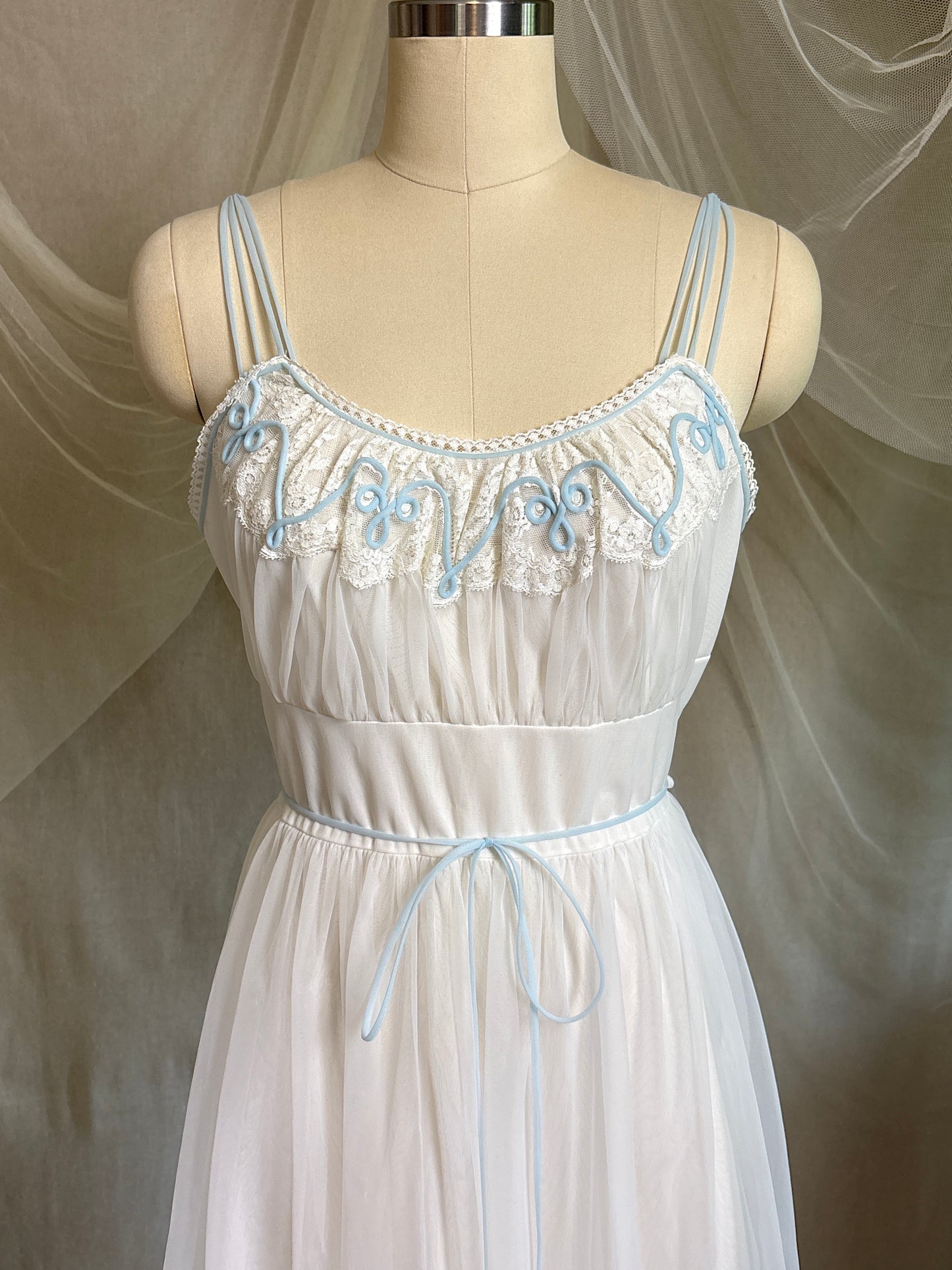 Vintage 1950's - 1960's Babydoll Nightgown - Sheer White Nylon Chiffon with Baby Blue Piping by Gotham | S, M