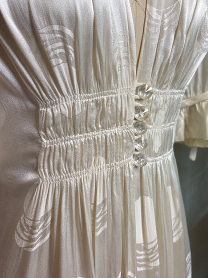 Vintage 1940's Dressing Gown - Pearl White Crepe-Back Rayon Satin with Geo Matte Print | S, M
