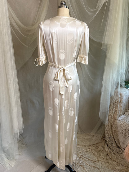 Vintage 1940's Dressing Gown - Pearl White Crepe-Back Rayon Satin with Geo Matte Print | S, M
