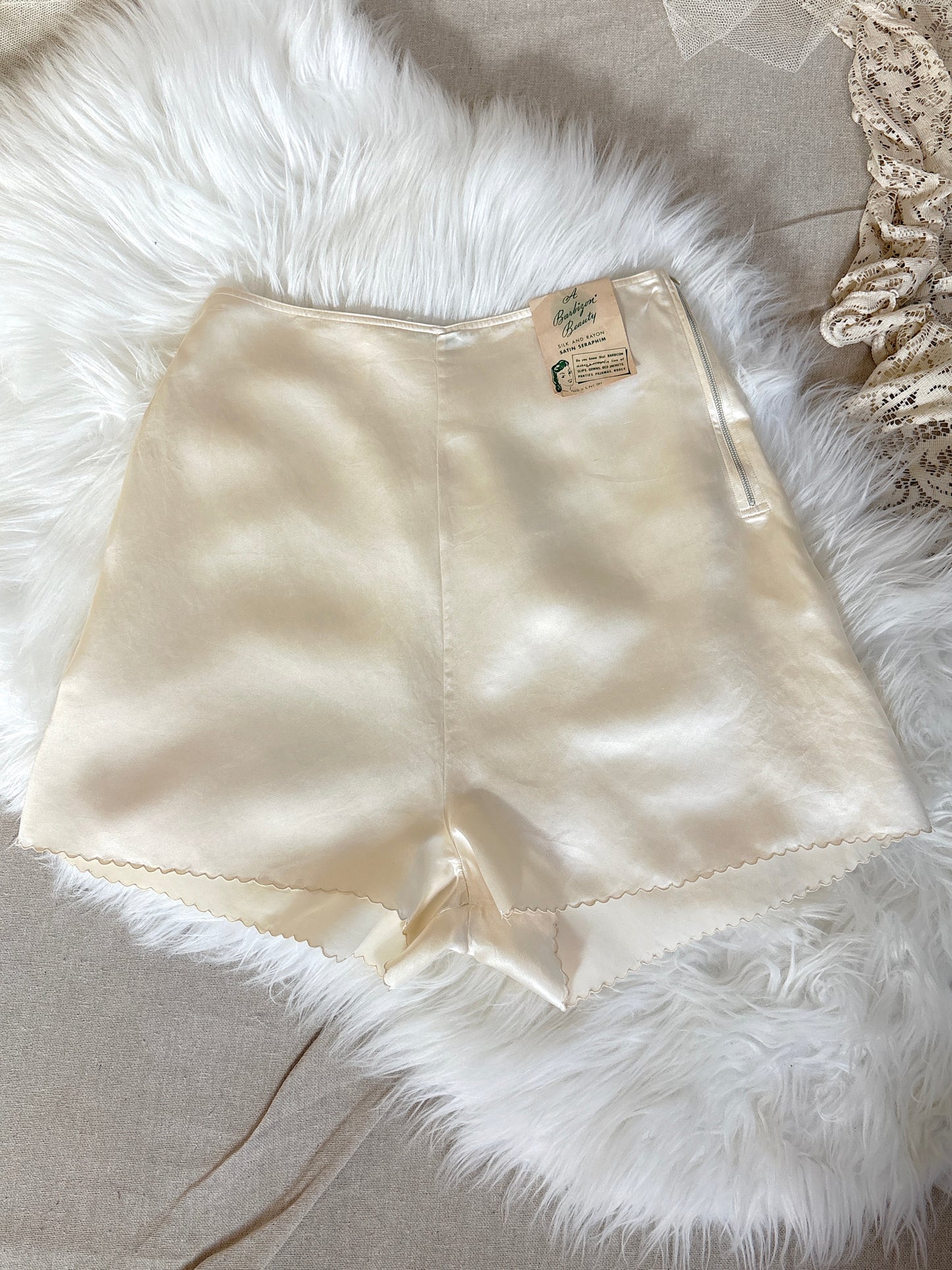 Vintage 1930's - 1940's Tap Pants - Cream Silk & Rayon Satin with Rare Zip Closure by Barbizon, New with Tags | XXS