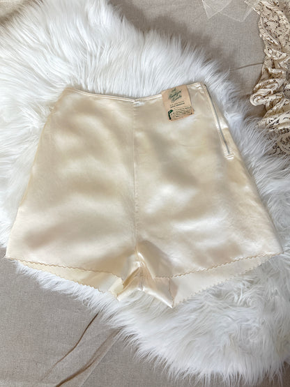 Vintage 1930's - 1940's Tap Pants - Cream Silk & Rayon Satin with Rare Zip Closure by Barbizon, New with Tags | XXS