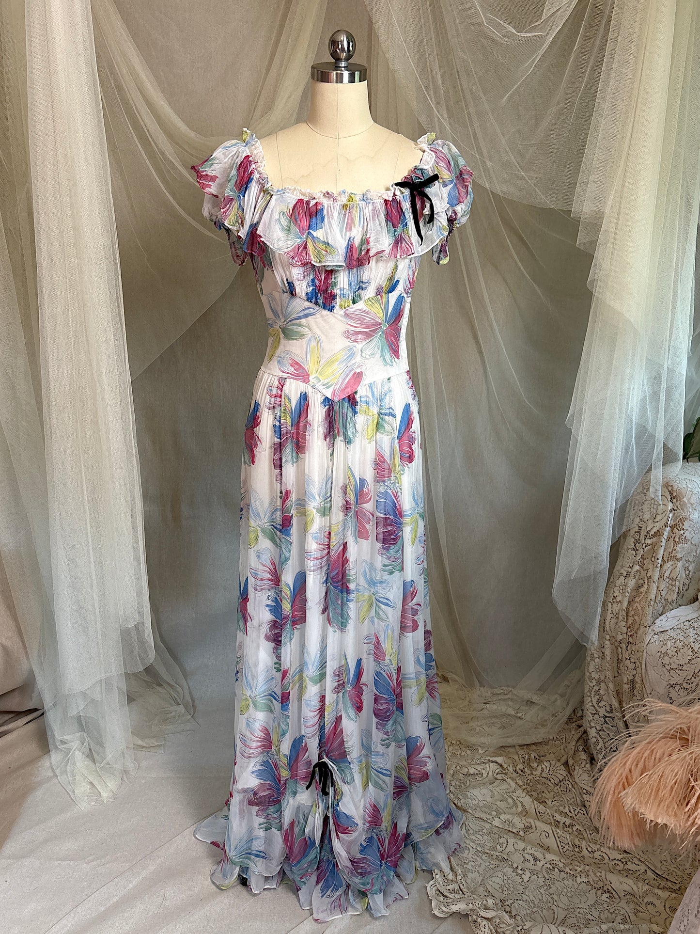 Vintage 1940's Maxi Dress - Sheer White Rayon Chiffon with Bold Floral Print | XS