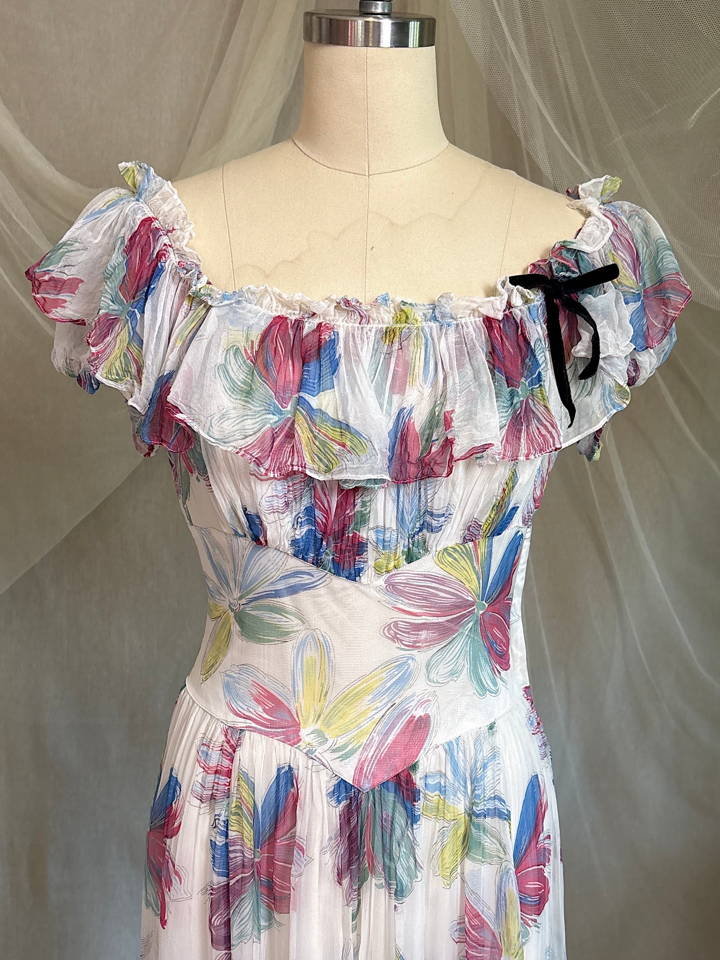 Vintage 1940's Maxi Dress - Sheer White Rayon Chiffon with Bold Floral Print | XS