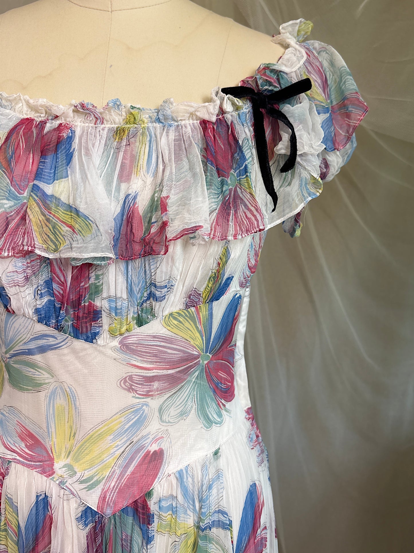 Vintage 1940's Maxi Dress - Sheer White Rayon Chiffon with Bold Floral Print | XS