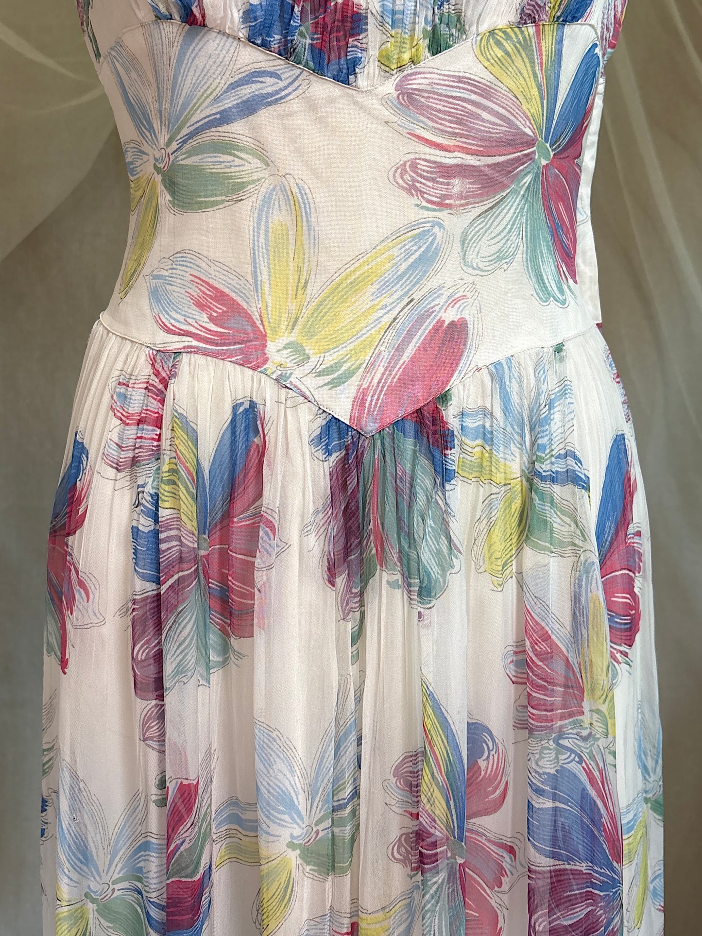 Vintage 1940's Maxi Dress - Sheer White Rayon Chiffon with Bold Floral Print | XS