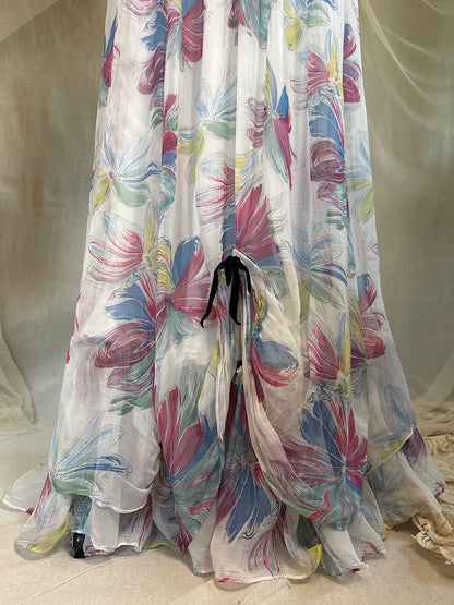 Vintage 1940's Maxi Dress - Sheer White Rayon Chiffon with Bold Floral Print | XS