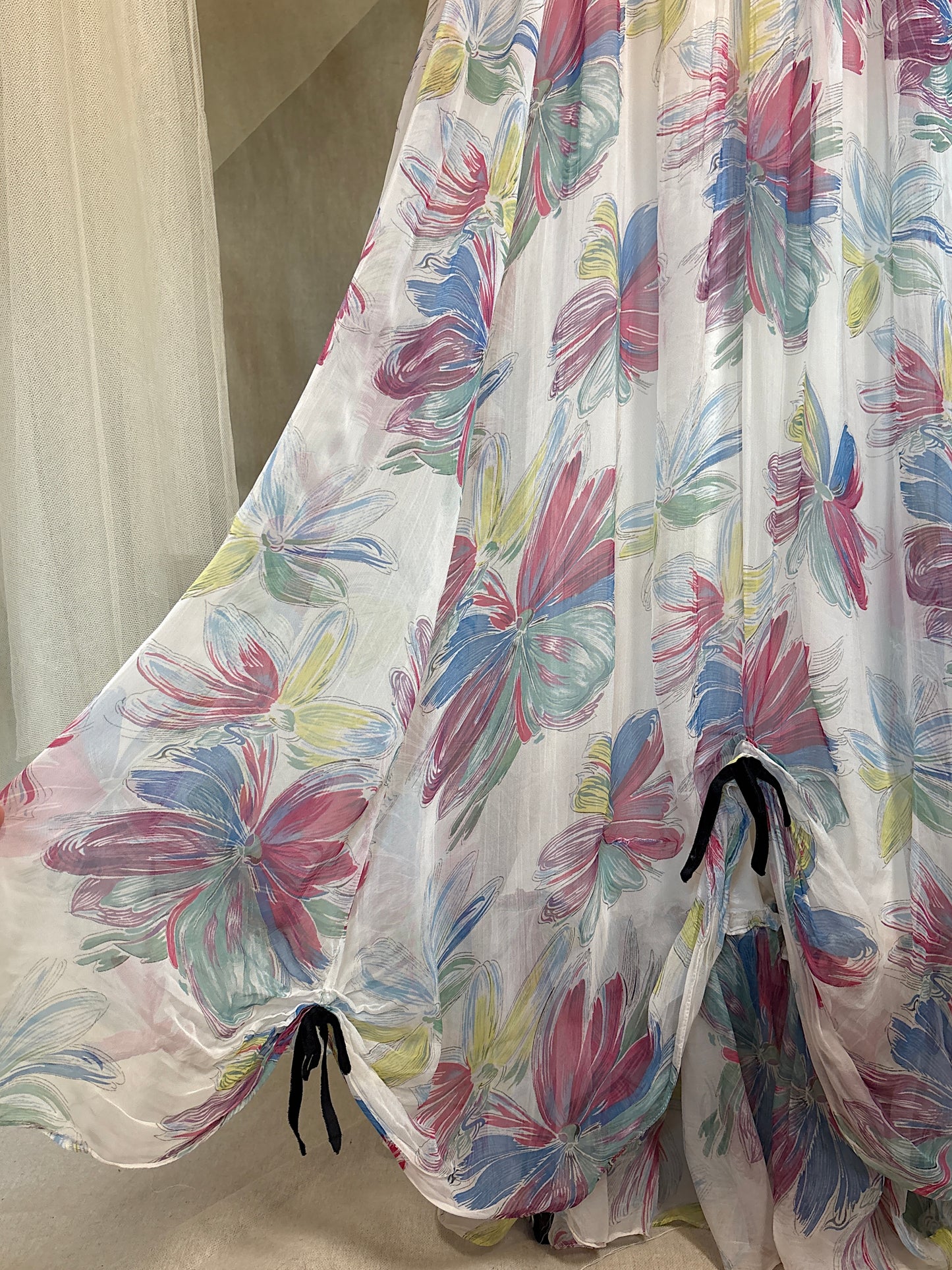 Vintage 1940's Maxi Dress - Sheer White Rayon Chiffon with Bold Floral Print | XS