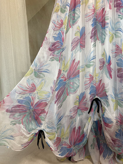 Vintage 1940's Maxi Dress - Sheer White Rayon Chiffon with Bold Floral Print | XS