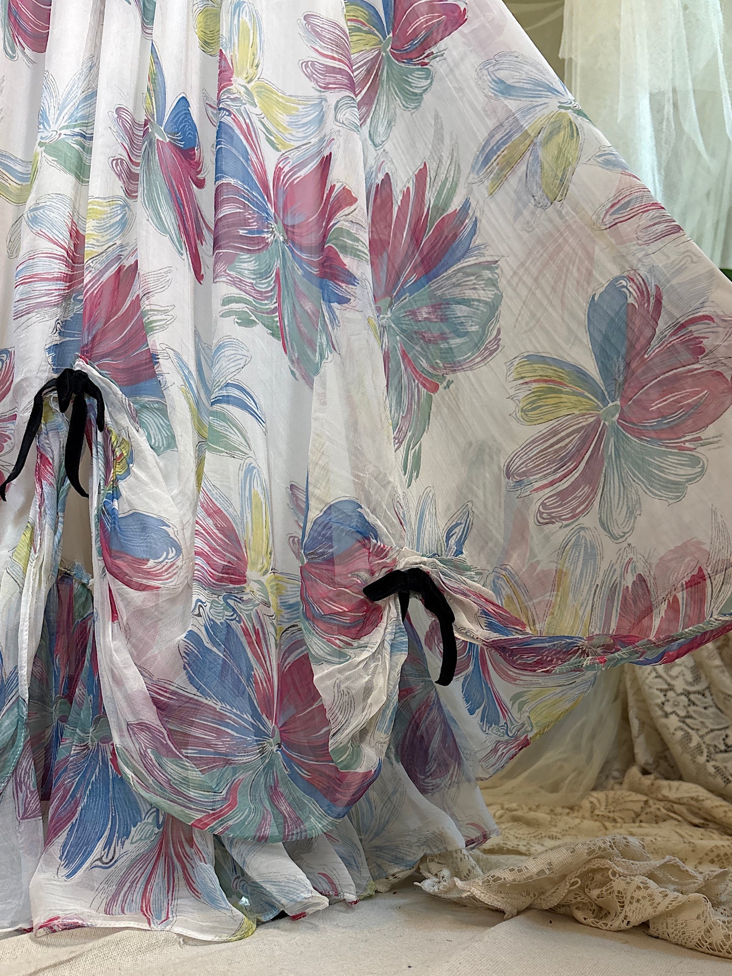 Vintage 1940's Maxi Dress - Sheer White Rayon Chiffon with Bold Floral Print | XS