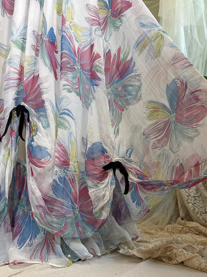 Vintage 1940's Maxi Dress - Sheer White Rayon Chiffon with Bold Floral Print | XS